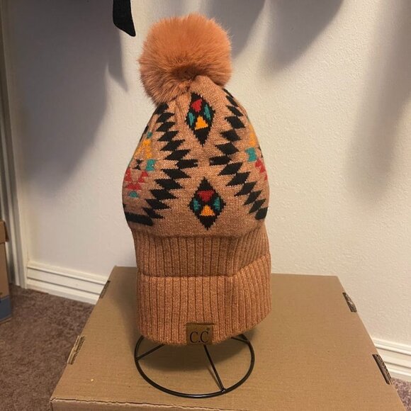 C.C Aztec Print‎ Beanie With Faux Fur Pom Womens Rayon/Nylon Blend Multicolor - Picture 6 of 14
